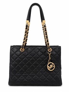 Michael Kors Black Quilted Leather Gold Chain Shoulder Bag + Puff Keychain